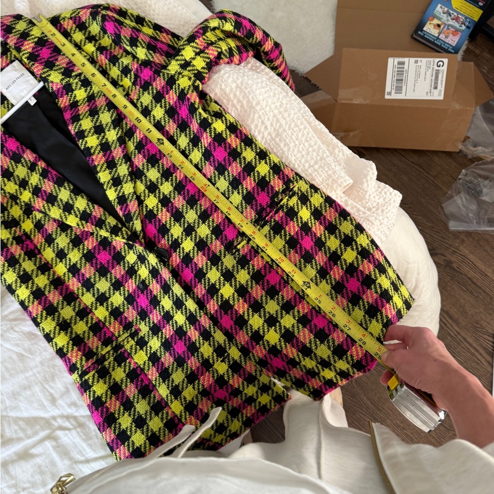 Avec Les Filles pink and yellow/green plaid blazer jacket - Picture 7 of 7